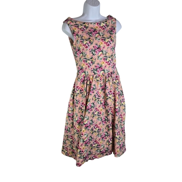 Lindy Bop Pink Floral Sleeveless Pinup Retro Cottagecore Coquette Dress Vlv - Picture 1 of 6